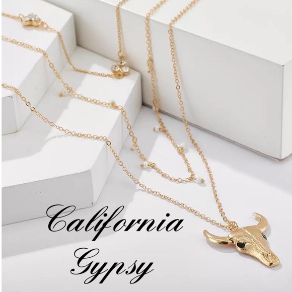 LAST ONE Western Bull skull Rhinestone Layered Necklace - Picture 4 of 5